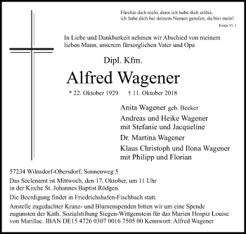 Traueranzeige von Alfred Wagener von Siegener Zeitung