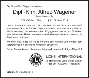 Traueranzeige von Alfred Wagener von Siegener Zeitung