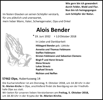 Traueranzeige von Alois Bender von Siegener Zeitung