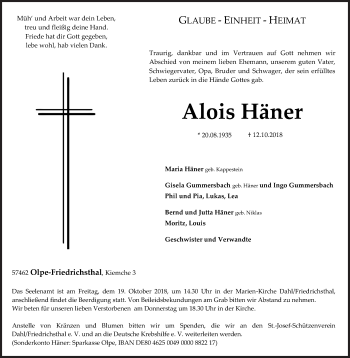 Traueranzeige von Alois Häner von Siegener Zeitung