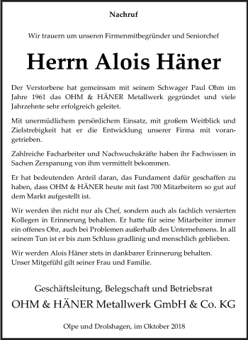 Traueranzeige von Alois Häner von Siegener Zeitung