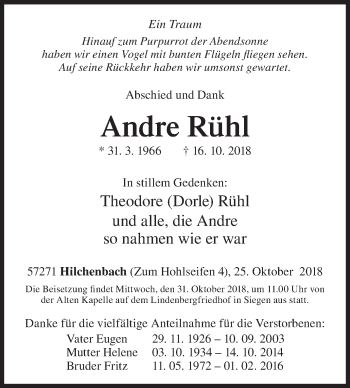 Traueranzeige von Andre Rühl von Siegener Zeitung