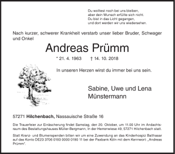Traueranzeige von Andreas Prümm von Siegener Zeitung