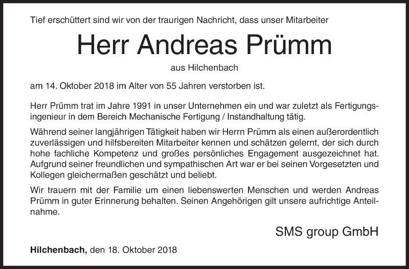  Traueranzeige für Andreas Prümm vom 18.10.2018 aus Siegener Zeitung