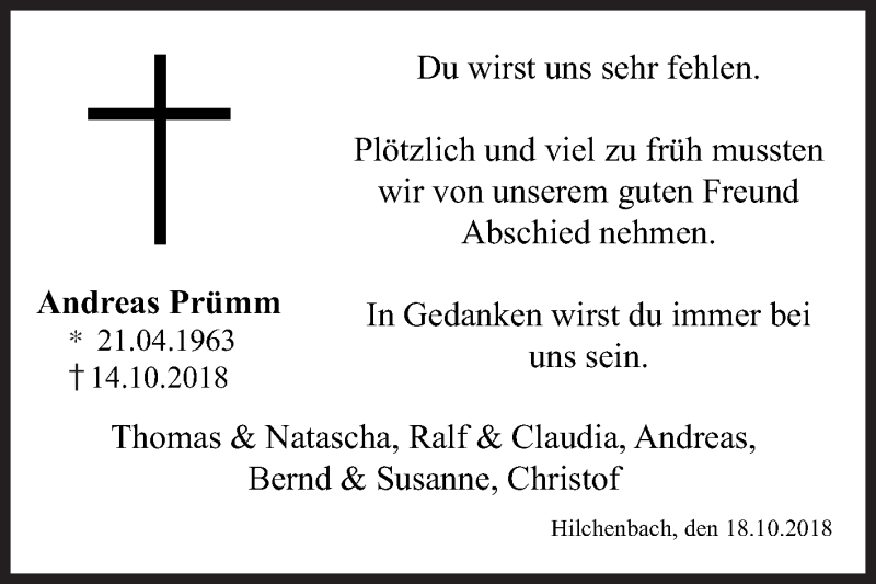  Traueranzeige für Andreas Prümm vom 18.10.2018 aus Siegener Zeitung
