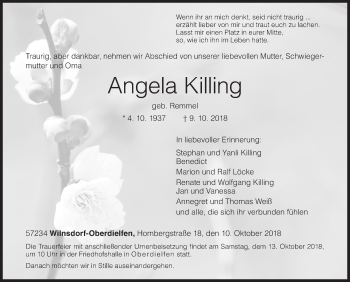 Traueranzeige von Angela Killing von Siegener Zeitung