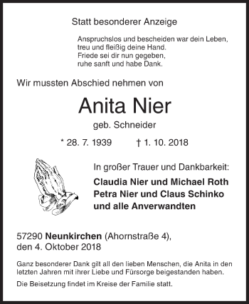 Traueranzeige von Anita Nier von Siegener Zeitung