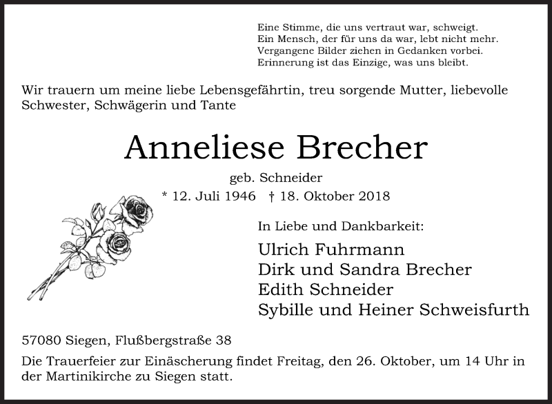  Traueranzeige für Anneliese Brecher vom 23.10.2018 aus Siegener Zeitung