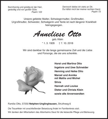 Traueranzeige von Anneliese Otto von Siegener Zeitung