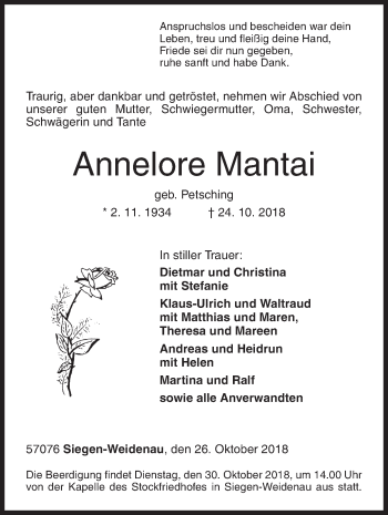 Traueranzeige von Annelore Mantai von Siegener Zeitung