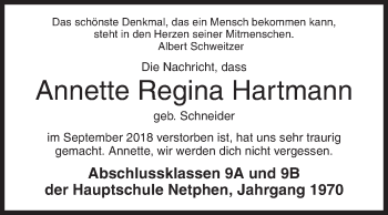 Traueranzeige von Annette Regina Hartmann von Siegener Zeitung