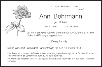 Traueranzeige von Anni Behrmann von Siegener Zeitung