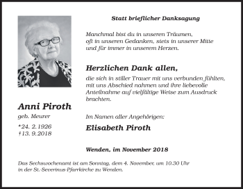 Traueranzeige von Anni Piroth von Siegener Zeitung