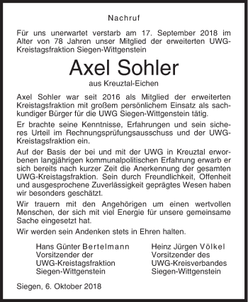 Traueranzeige von Axel Sohler von Siegener Zeitung