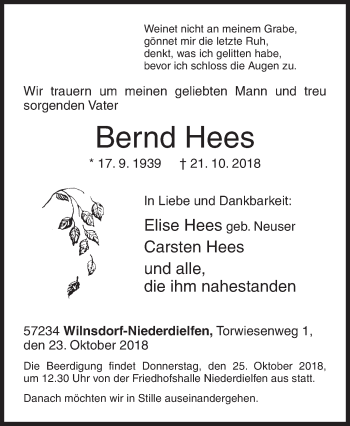 Traueranzeige von Bernd Hees von Siegener Zeitung