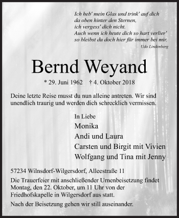 Traueranzeige von Bernd Weyand von Siegener Zeitung