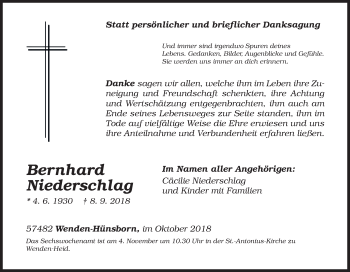 Traueranzeige von Bernhard Niederschlag von Siegener Zeitung