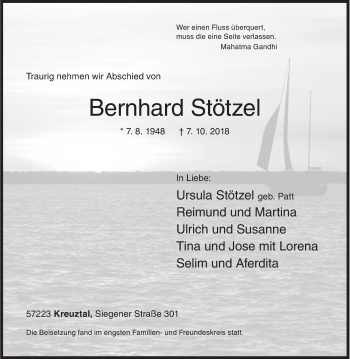 Traueranzeige von Bernhard Stötzel von Siegener Zeitung