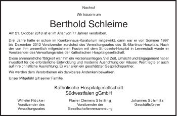 Traueranzeige von Berthold Schleime von Siegener Zeitung