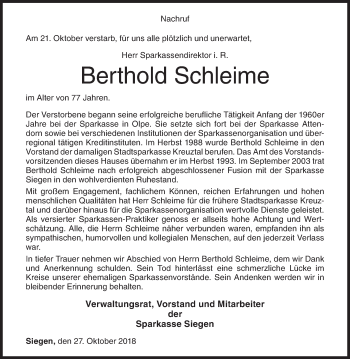 Traueranzeige von Berthold Schleime von Siegener Zeitung