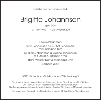 Traueranzeige von Brigitte Johannsen von Siegener Zeitung
