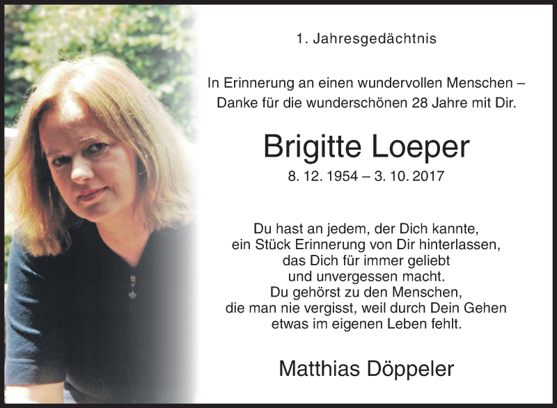  Traueranzeige für Brigitte Loeper vom 02.10.2018 aus Siegener Zeitung