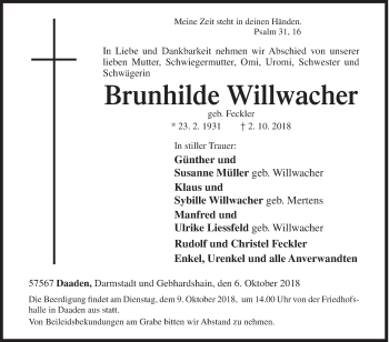 Traueranzeige von Brunhilde Willwacher von Siegener Zeitung