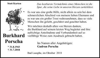 Traueranzeige von Burkhard Porscha von Siegener Zeitung