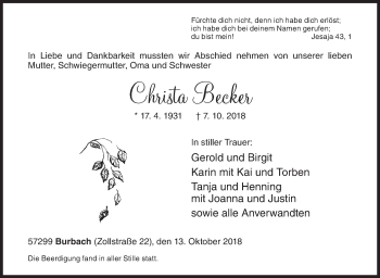 Traueranzeige von Christa Becker von Siegener Zeitung