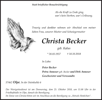 Traueranzeige von Christa Becker von Siegener Zeitung