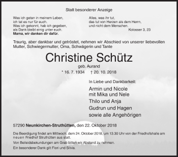 Traueranzeige von Christine Schütz von Siegener Zeitung
