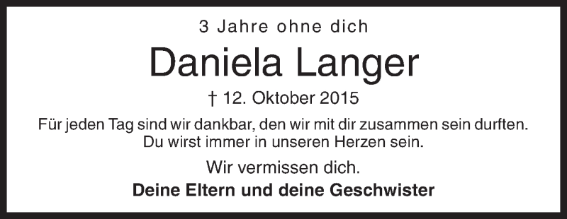  Traueranzeige für Daniela Langer vom 12.10.2018 aus Siegener Zeitung