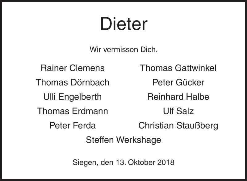  Traueranzeige für Dieter Beyer vom 13.10.2018 aus Siegener Zeitung