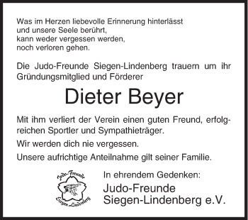 Traueranzeige von Dieter Beyer von Siegener Zeitung