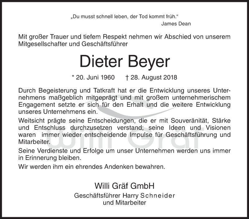  Traueranzeige für Dieter Beyer vom 13.10.2018 aus Siegener Zeitung