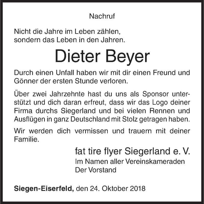  Traueranzeige für Dieter Beyer vom 24.10.2018 aus Siegener Zeitung