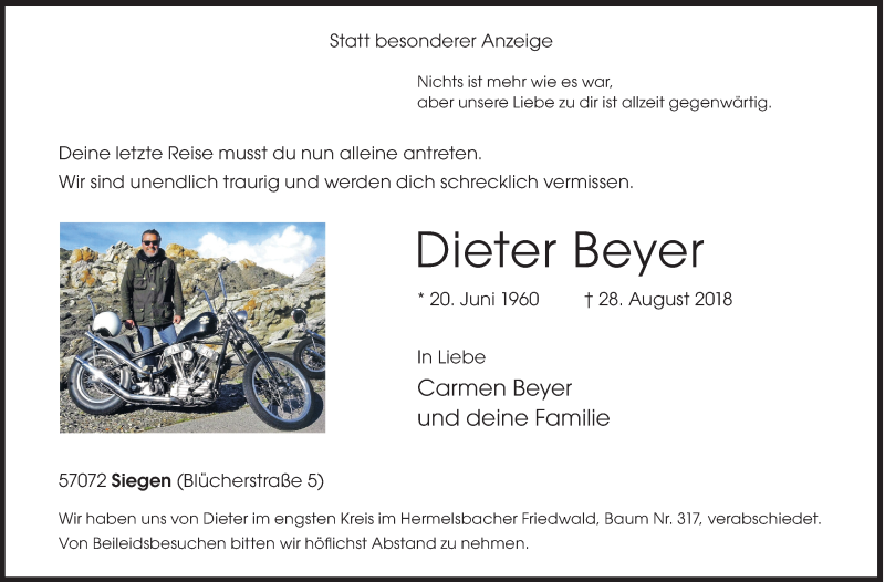  Traueranzeige für Dieter Beyer vom 13.10.2018 aus Siegener Zeitung