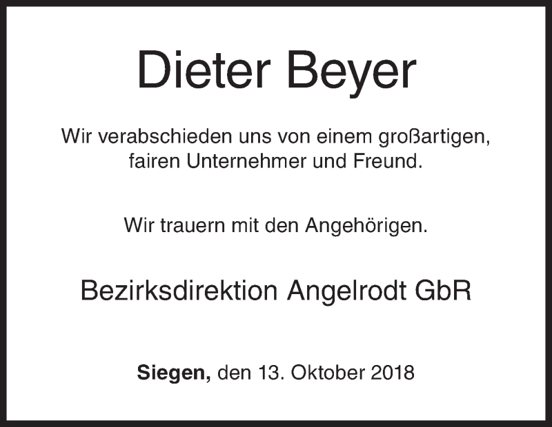  Traueranzeige für Dieter Beyer vom 13.10.2018 aus Siegener Zeitung