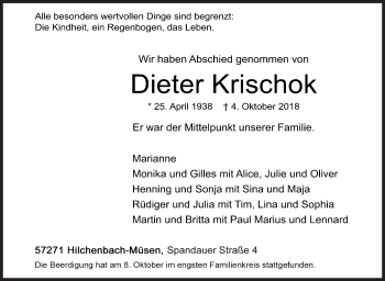 Traueranzeige von Dieter Krischok von Siegener Zeitung