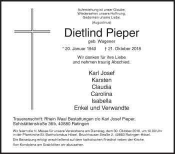 Traueranzeige von Dietlind Pieper von Siegener Zeitung