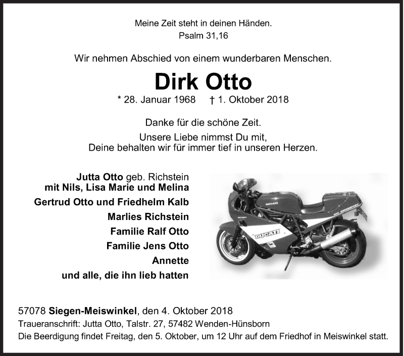  Traueranzeige für Dirk Otto vom 04.10.2018 aus Siegener Zeitung