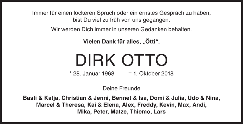  Traueranzeige für Dirk Otto vom 04.10.2018 aus Siegener Zeitung