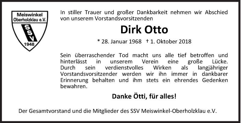  Traueranzeige für Dirk Otto vom 04.10.2018 aus Siegener Zeitung