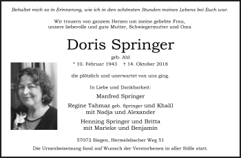 Traueranzeige von Doris Springer von Siegener Zeitung