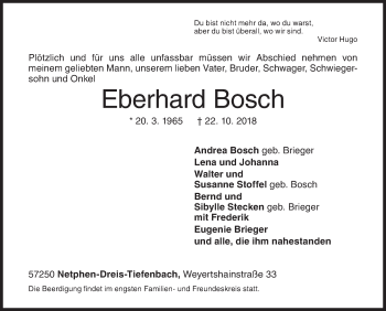 Traueranzeige von Eberhard Bosch von Siegener Zeitung