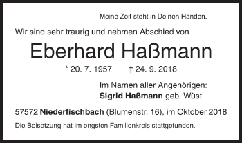 Traueranzeige von Eberhard Haßmann von Siegener Zeitung