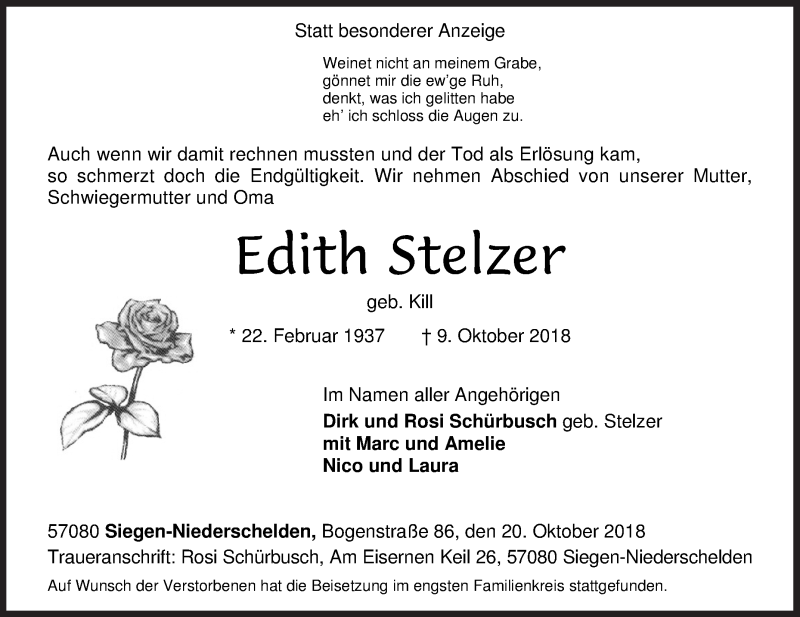  Traueranzeige für Edith Stelzer vom 20.10.2018 aus Siegener Zeitung