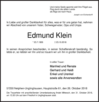 Traueranzeige von Edmund Klein von Siegener Zeitung