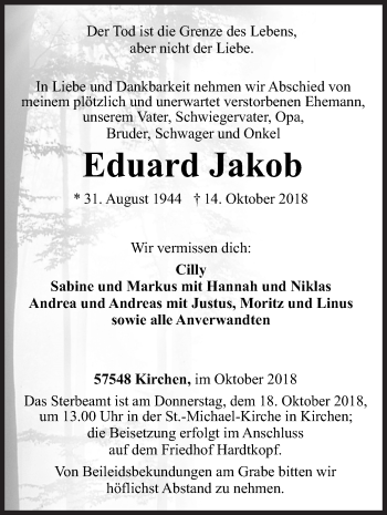 Traueranzeige von Eduard Jakob von Siegener Zeitung