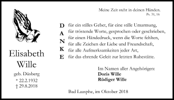 Traueranzeige von Elisabeth Wille von Siegener Zeitung